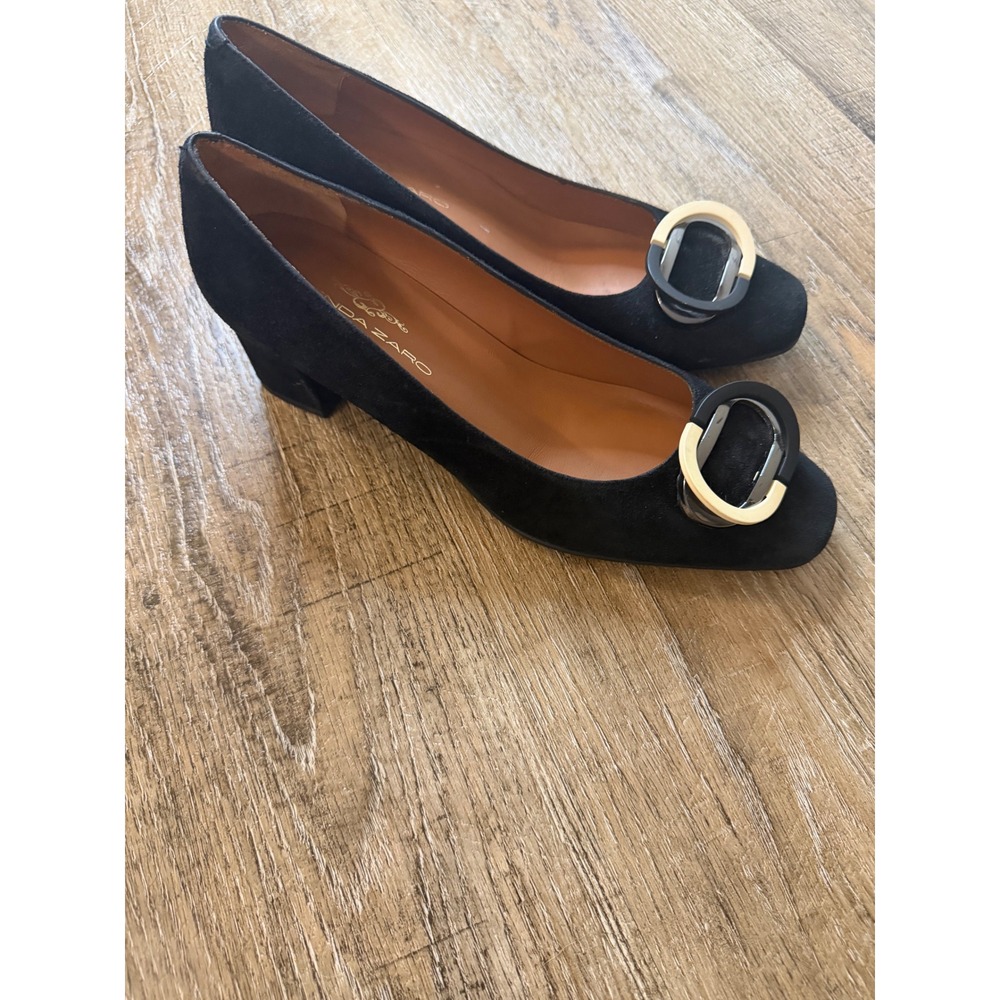 Brenda Zaro Black Suede Block Heel Pumps Buckle Square Toe Made in Spain Size 38